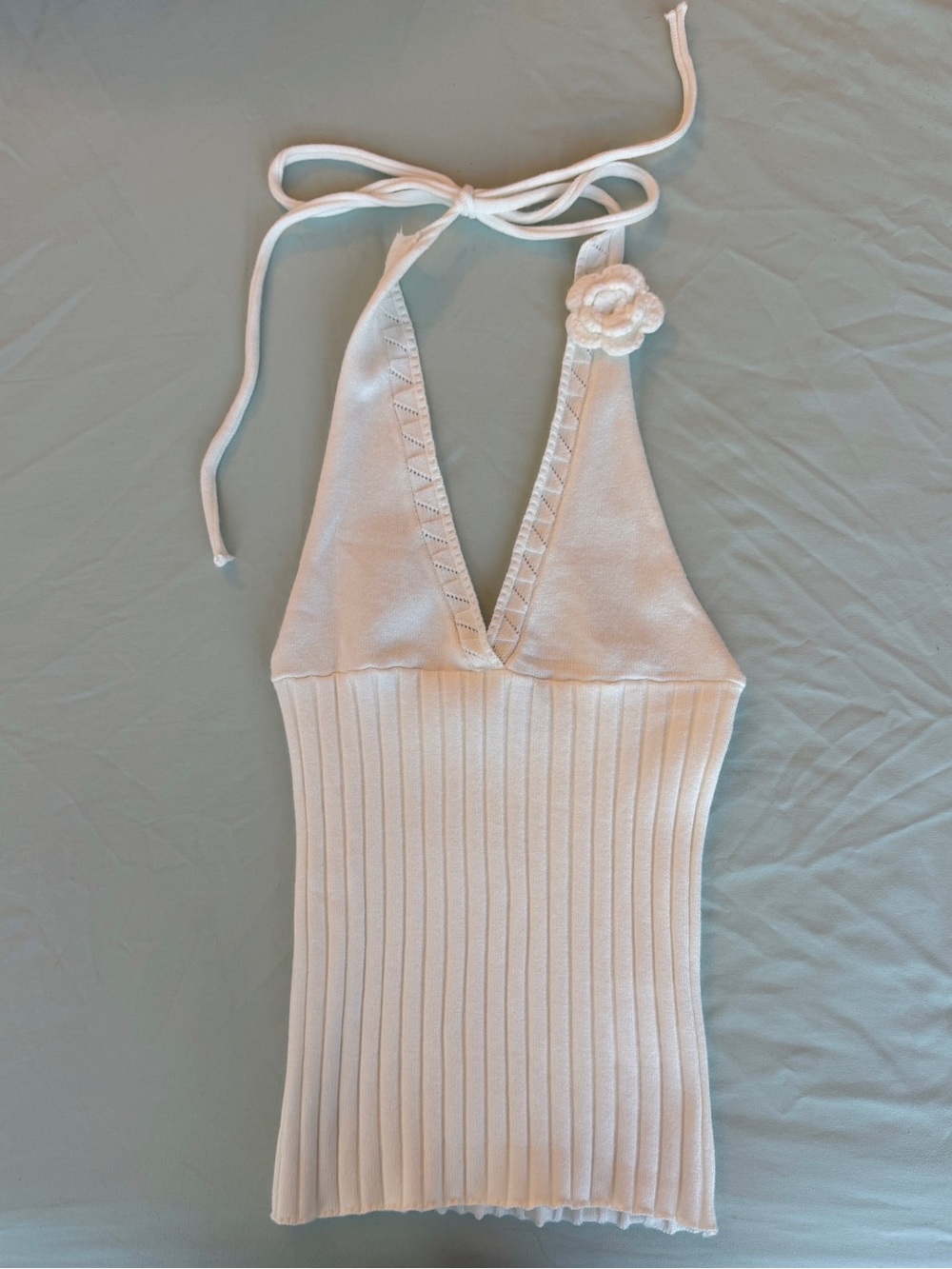 White Halter Ribbed Bandeau Tank with Floral Accent